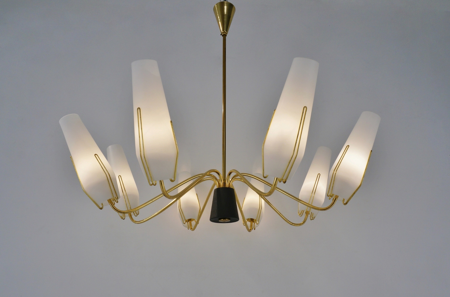 Stilnovo brass chandelier with opaline glass, 1950`s Italian